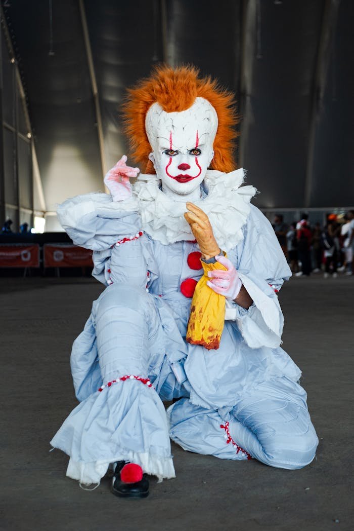 Clown in intricate costume poses indoors at a cosplay event.